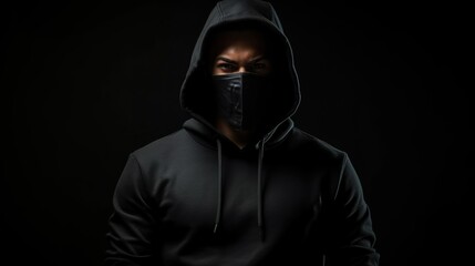 Man in a black hooded sweatshirt with a mask on Dark background. Generative AI