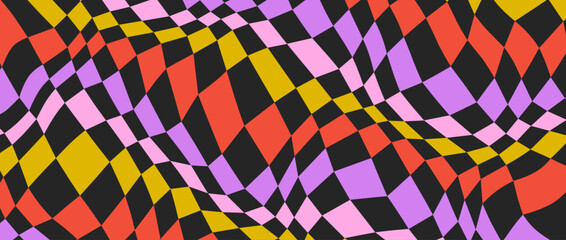Poster - Colorful distorted checkerboard background. Purple red yellow pink psychedelic checkered wallpaper. Wavy groovy chessboard surface. Trippy twisted geometric pattern. Abstract retro vector backdrop