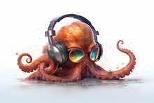 Cool Octopus Listening To Music With Headphones And Sunglasses