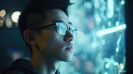 young asian male with wonder, curiosity, looking at holographic digital display, futuristic technolo