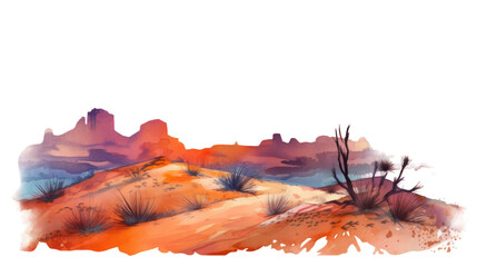 desert landscape with sand dunes and sunset in watercolor style, isolated on a transparent background for design layouts