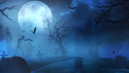 Wall Mural - graveyard at midnight with full moon skeleton and witch 4k features an old cemetery with a full moon