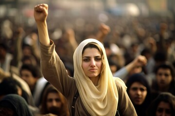 Wall Mural - Arab woman protesting at a social rally. AI generated, human enhanced