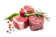 Three Pieces Of Raw Meat With Herbs And Mixed Peppers Isolated On Transparent Or White Background. Steaks With Rosemary. Generative AI.