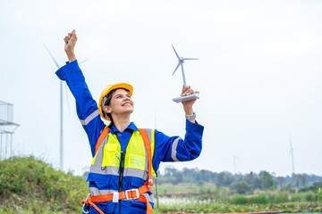 Poster - Power engineer are working with wind turbines,Green ecological power energy generation wind sustainable energy concept.