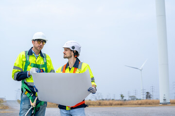 Poster - Engineers inspection wind energy generation,Wind turbine farm generator by alternative green energy.