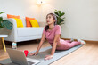 © freebird7977 - Lifestyle woman yoga exercise and pose for healthy life.  Young girl or people pose balance body vital zen and meditation for workout and fitness sport in living room on line. Health care Concept