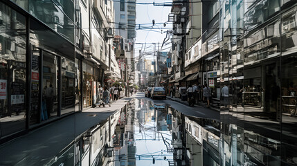 tokyo city streets appear to be made of glass causing a cascade of reflections, generative ai