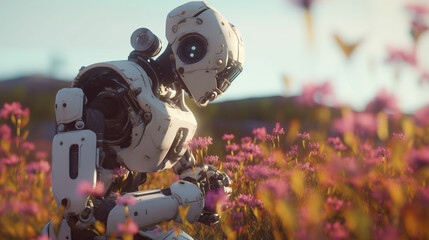 A humanoid robot smelling a pink flowers in a flower field.