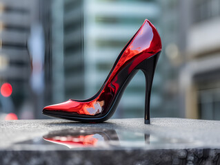 Wall Mural - Smooth shiny red high heel stiletto shoe with buildings in the background, Generative AI