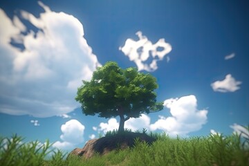 Poster - vibrant green tree standing tall in a lush green field Generative AI