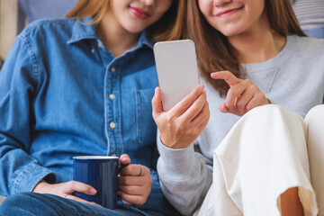 Wall Mural - Closeup image of a young couple women using and looking at mobile phone together