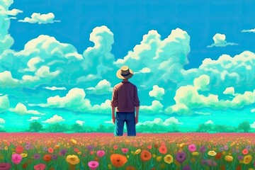Poster - man standing in a colorful field of wildflowers Generative AI