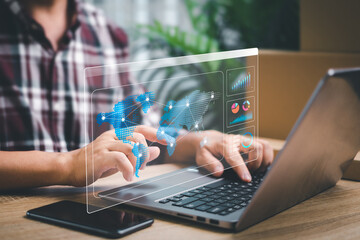 Transportation and shipping management concept, A man using a laptop graph analysis with a world map for logistic network distribution, Cargo for shipping and Transportation, import-export work