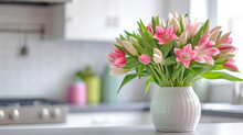 A White Vase Full Of Pink Flowers Is Sitting On Counter, GENERATIVE AI