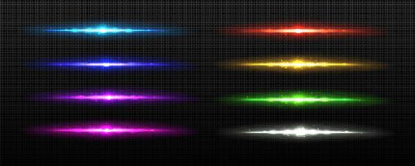 Poster - Horizontal sparkle divider line with glow effect in blue, red, yellow and purple. Bright laser ray vector streak on transparent background. Isolated special energy explosion and glitter. Shiny overlay