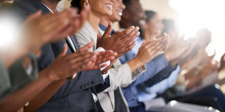 conference, team of coworkers clapping hands for success and in boardroom of presentation with lens 