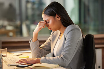 Aufkleber - Headache, stress and sad business woman in night office for burnout, fatigue or mental health problem. Crisis, pain and depressed or tired professional person at desk for mistake, depression or fail