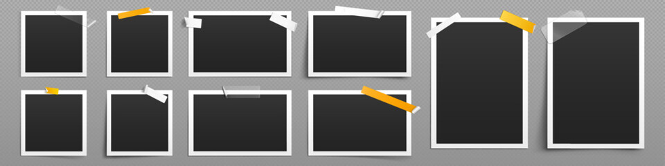 Poster - Images collage template with photo frames with sticky tape. Album or gallery mockup with empty paper snapshots with white border isolated on transparent background, vector realistic set