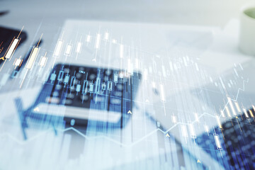 Poster - Multi exposure of abstract virtual financial graph hologram on calculator and laptop background, forex and investment concept