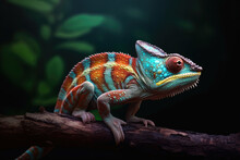 Close-up Of Bright Chameleon On The Branch On Dark Background, Generative AI