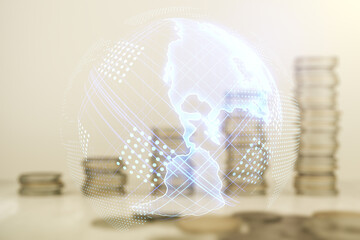 Poster - Double exposure of graphic America map hologram on growing coins stacks background, big data and digital technology concept