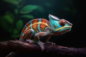 Close-up of bright chameleon on the branch on dark background, Generative AI