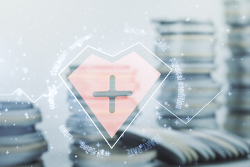 Poster - Abstract virtual heart rate sketch on growing coins stacks background, Medicine and healthcare concept. Multiexposure
