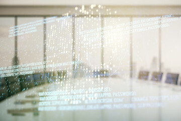 Poster - Double exposure of abstract virtual creative code skull hologram on a modern meeting room background. Malware and cyber crime concept