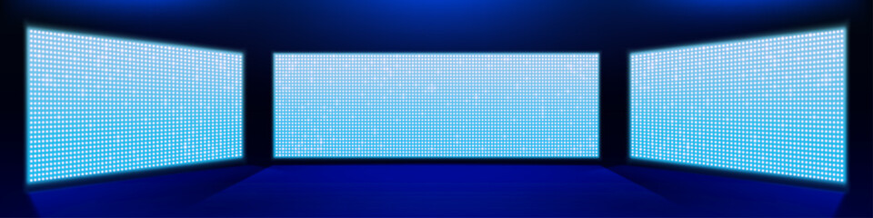 Poster - Realistic three LED screens on stage. Vector illustration of large LCD displays with glowing neon blue and white dot lights. Performance background, concert hall, modern theater, night club decoration