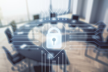 Poster - Virtual creative lock symbol and microcircuit illustration on a modern conference room background. Protection and firewall concept. Multiexposure