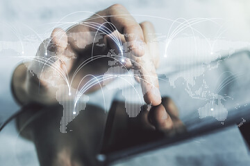 Poster - Double exposure of abstract digital world map with connections and finger clicks on a digital tablet on background, research and strategy concept