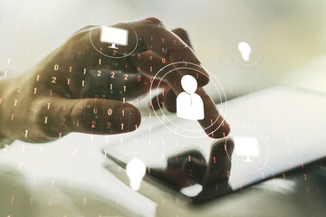 Poster - Social network media concept with finger presses on a digital tablet on background. Double exposure
