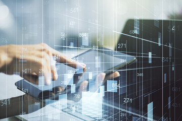 Poster - Abstract creative analytics data spreadsheet with finger clicks on a digital tablet on background, analytics and analysis concept. Multiexposure