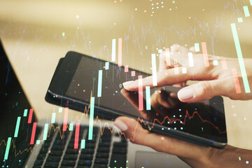 Poster - Abstract creative financial graph with finger clicks on a digital tablet on background, financial and trading concept. Multiexposure