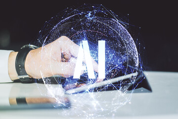 Aufkleber - Creative artificial Intelligence symbol concept with finger presses on a digital tablet on background. Double exposure