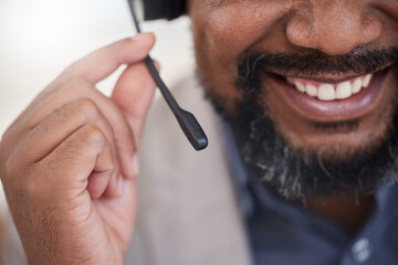 Poster - Microphone, call center and man with a smile for customer service, support or telemarketing. Mouth closeup of male person, agent or consultant with headset for sales, crm or help desk communication