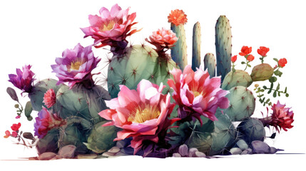 Wall Mural - prickly cactus garden with vibrant blossoms isolated on a transparent background for design layouts