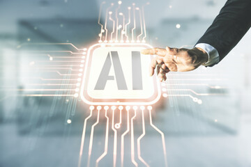 Aufkleber - Man hand working with abstract virtual artificial Intelligence symbol hologram on blurred office background. Multiexposure