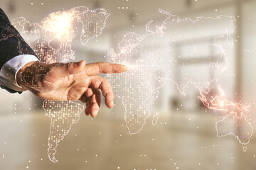 Poster - Multi exposure of businessman hand clicks on abstract graphic world map on blurred office background, big data and networking concept