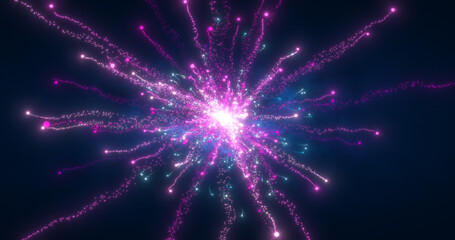 Abstract glowing energy explosion whirlwind firework from purple lines and magic particles abstract background