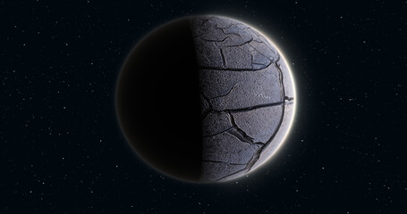 Wall Mural - abstract realistic space spinning planet round sphere with a cracked gray surface in space against t