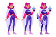 © klyaksun - Hipster girl stand character with coffee and skate cartoon vector set. Full view smile young woman with pink hairstyle and teenage outfit with glasses standing in different pose isolated illustration.