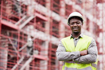 Poster - portrait of proud black man engineer, construction site and mockup with scaffolding in city, plannin