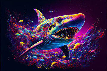 Vibrant color shark illustration. Generative ai.