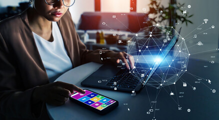 Poster - Black woman working in office and communication network concept. ICT (Information Communication Technology). Cloud computing. System engineering.