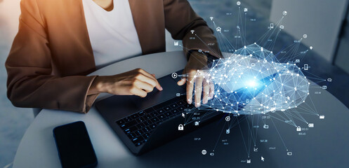 Aufkleber - Black woman working in office and cloud computing concept. ICT (Information Communication Technology). Communication network. System engineering.