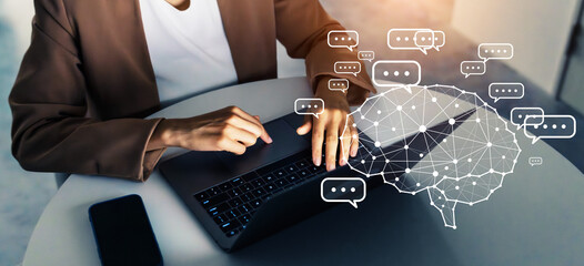 Aufkleber - Profile silhouette of black woman working in office and conversation AI concept. Deep learning. IoT (Internet of Things). ICT (Information Communication Technology).