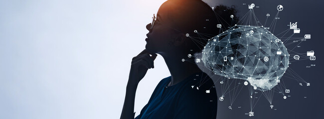 Profile silhouette of thinking black woman and AI (Artificial Intelligence) concept. Deep learning. IoT (Internet of Things). ICT (Information Communication Technology).