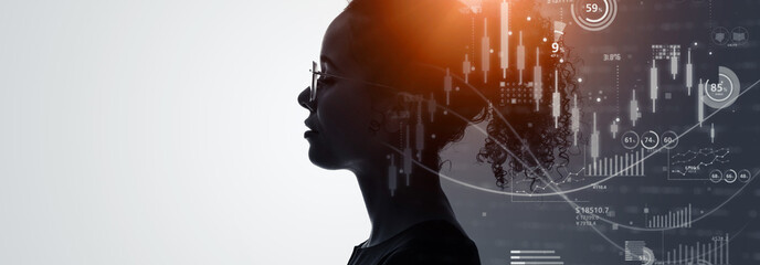 profile silhouette of black woman and statistics charts concept. financial technology. science study